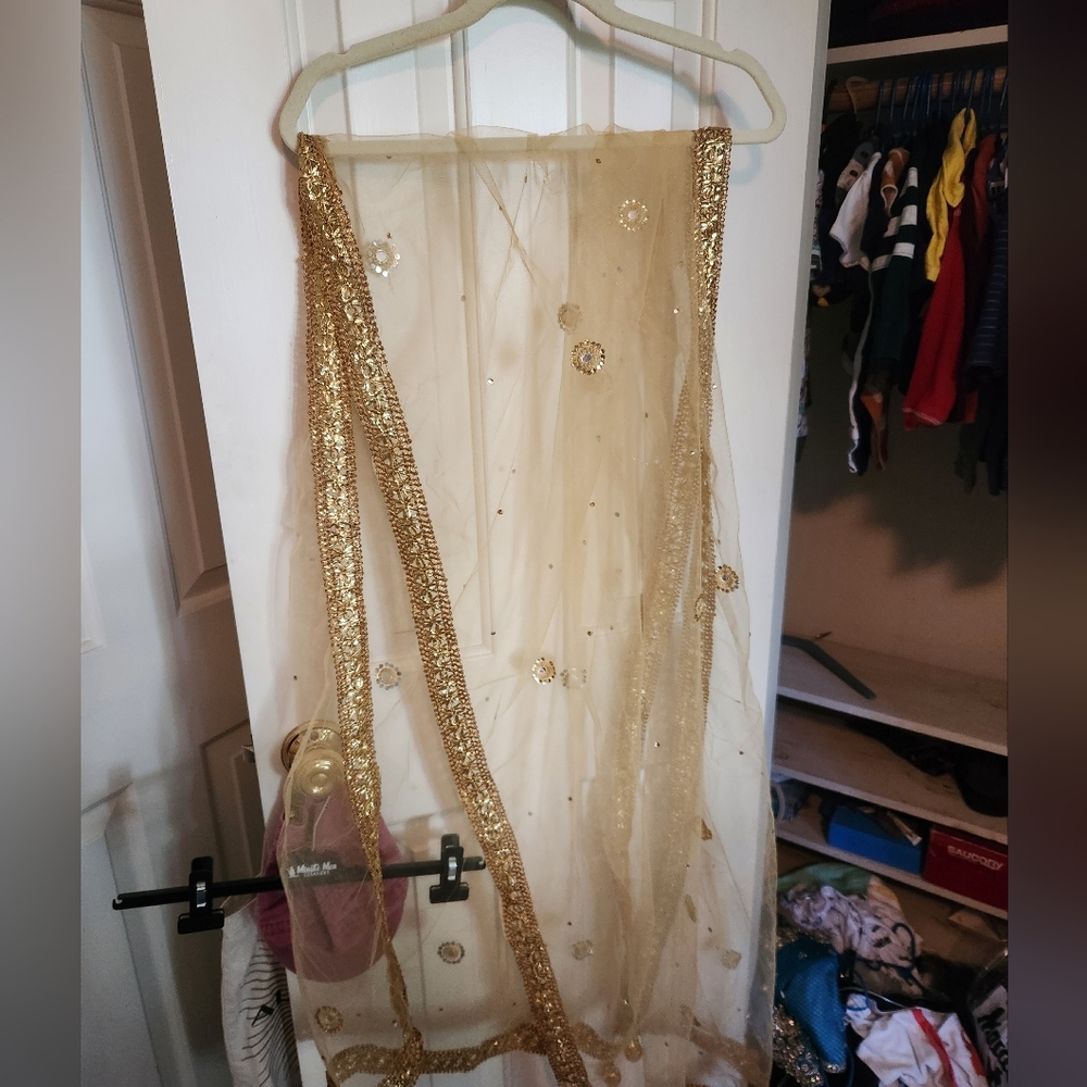 Gold net dupatta with criss-cross and rhinestones